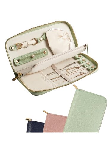 FEMIECHO Travel Jewelry Organizer Case - for Tangle-Free Necklaces, Earrings, Rings, Bracelets Storage, Travel Essentials, Fashion Portable Jewelry Travel bags for Women - Medium Macaron Green