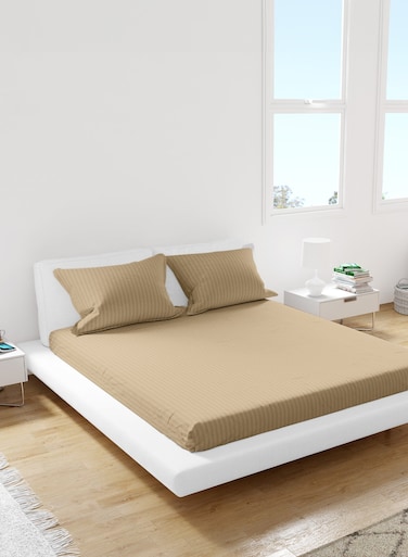 Linen Double Striped Fitted Elastic Bedsheet with 2 Pillow Case 160 x 200 Cm Beige