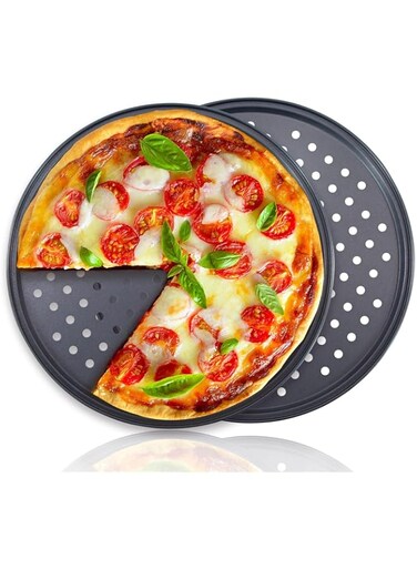 Pizza Pan 12.6 Inch, Non-Stick Perforated Pizza Pan with Holes, Carbon Steel Baking Tray for Oven, Large Pizza Pans, Ideal for Homemade Sicilian &amp; Detroit Style Pizza (2 Pcs)