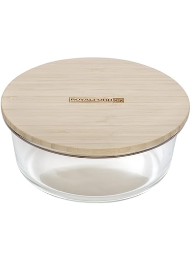 Royalford Round Glass Food Container With Bamboo Lid, Rf10326 - Freezer &amp; Dishwasher Safe, Air Tight Lid With Silicone Sealing Ring, Portable, Eco-Friendly