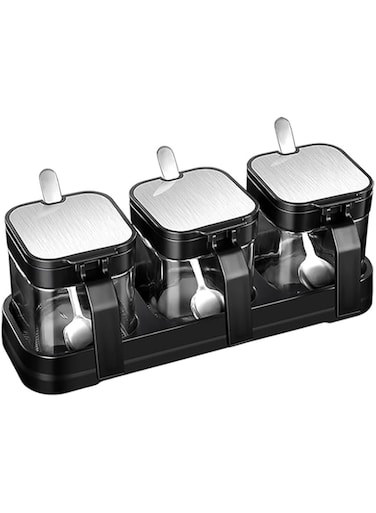 U-HOOME Condiment Jar Spice Container Kit with Rack and Spoons, 3pc Clear Glass Kitchen Spice Pots, Salt Pepper Sugar Storage, Container Condiment Jars, Open Hole Type Open Lid Seasoning Box (Style B)