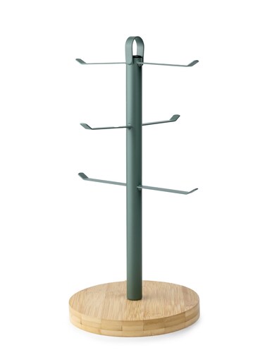 Art EARL Dash Green Cup Holder, Coffee Tea Cups Mugs Holder with Wooden Base with Metal Hanging Loop, Countertop Mug Tree, 6 Hook Coffee Cup Dryer Stand Rack Kitchen Household Bar Accessories