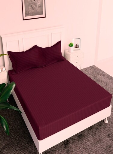 Fitted Elastic Bedsheet Set With Pillow Covers, King/Queen/Double/Single Sizes, Color Maroon