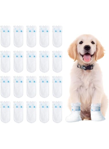 Disposable Dog Boots for Paw Protection, 20 Pcs Pet Shoes with Adjustable Self-Adhesive Bandage, Dog Disposable Foot Covers for Outdoor &amp; Indoor Walking (white, Medium)