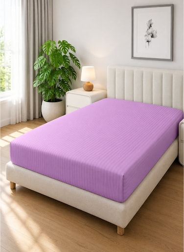 Linen Klub 1-Piece Microfiber Fitted Sheet Striped, Color Lilac, Design Soft Fabric Deep Pocket Elastic Edge Bed Linen Available in Single, Double, Queen, King and Super KIng