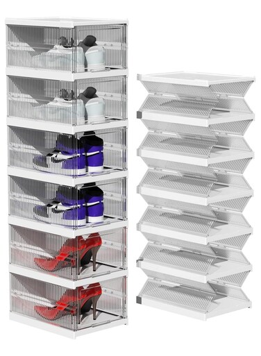 6-Tier Shoe Rack Organizer with Doors - Plastic Stackable Shoe Storage Cabinet, Easy Assembly Space Saving for Closet Entryway (1 Set)