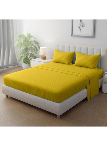Linen Klub Striped Microfiber Fitted Sheet Set - Super King (200 x 200 cm) + 2 Pillowcases (50 x 75 cm), Premium, Durable Quality with Deep Pocket for a Perfect Fit, Yellow