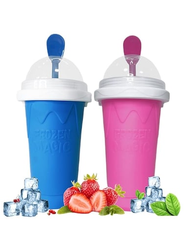 MAGA ZONE 2 Pcs Slushie Maker Cup &ndash; Magic Quick Frozen Smoothie &amp; Milkshake Cup, DIY Double Layer Squeeze Ice Cream Maker for Family, Homemade Cooling Cup (Blue + Red)