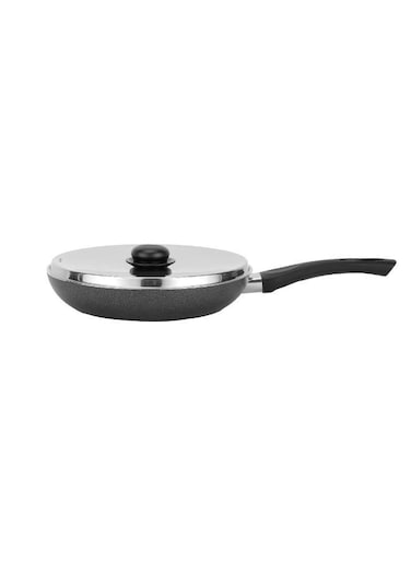 24 cm Aluminum Nonstick Frypan with Stainless Steel Lid / Strong Body with 3 Layer Coating and Heat Resistant Bakelite Handle/ Perfect for Frying, Sauting, Tempering/ Black Black 24 cmcm
