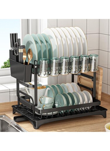 Folding Dish Drying Rack,DERUI CREATION 304 Stainless Steel 2 Tier Rustproof Dish Rack with Drain Board,Utensil Cup Holder