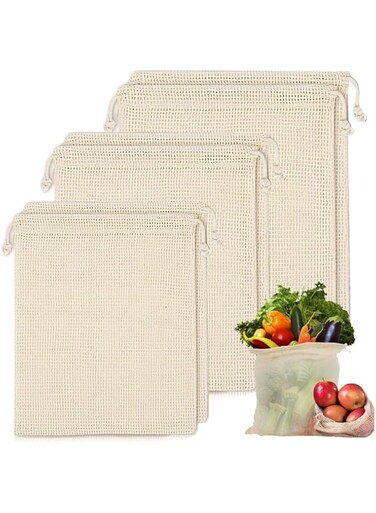 6 Pcs Reusable Cotton Mesh Eco friendly Foldable Washable Cotton Grocery Produce Bags, with Drawstring Lock for Vegetables, Fruit, Storage