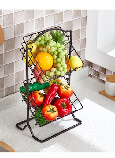 2 Tier Metal Fruit Basket Kitchen Countertop Storage Vegetable Basket Stand, Kitchen Double Storage Rack, Fruit and Vegetable Storage Rack, Snack Rack