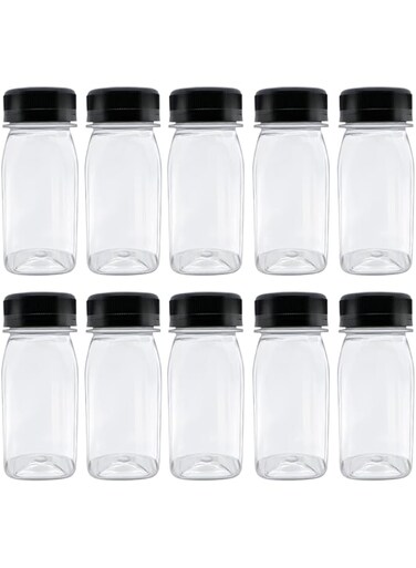 MYYZMY 10 Pcs 4 Ounce Plastic Juice Bottles, Reusable Bulk Beverage Containers for Juice, Milk and Other Beverages, Black lid