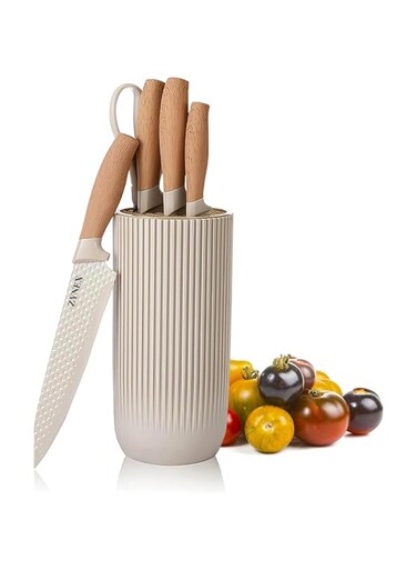 ZYNEX 6PCS Knife Set for Kitchen, Anti-Rust Non-stick Stainless Steel Sharp Chef Knife Set with Universal Knives Block for Kitchen, Ergonomical Design Suitable for Home Restaurant (KHAKI-6PC)