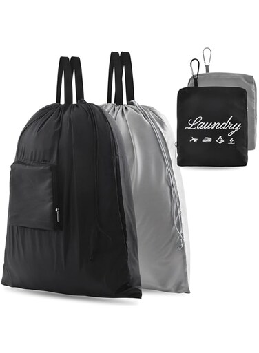 JHX 2 Pcs Travel Laundry Bag, Dirty Clothes Bag 【Upgraded】 with Handles and Aluminum Carabiner, Collapsible Laundry Bag for Travel, Camp, Fitness, and Students (Black&amp;Grey) 24"L x 21"W