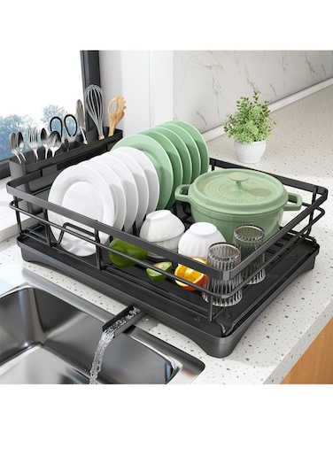 YOUWE7 Dish Drying Rack - Stainless Steel Dish Rack for Kitchen Counter, Large-Capacity Dish Drainer with Cutlery Holder, Kitchen Organizer for Dishes, Spoons and Forks, Black