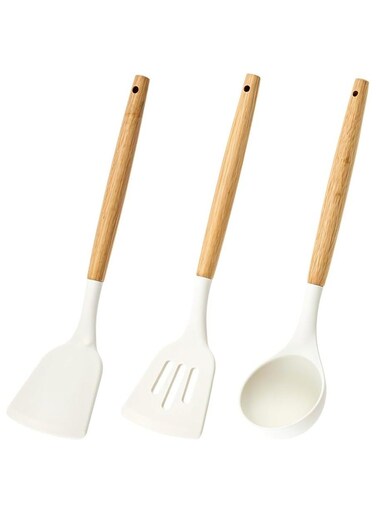 Utensils for Non-stick Pan, Set of 3Pcs Wooden Handle Silicone Utensils, Silicone Spatula, Soup Spoon &amp; Slotted Turner, Food Grade BPA Free, High Temperature Resistance