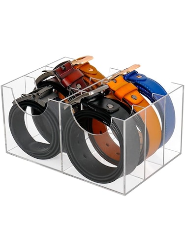 Cutora Belt Display Organizer Rack for Closet 6 Compartments Clear Acrylic Storage Holder Belt Container for Drawer Neck PET Tie Bow Tie Box