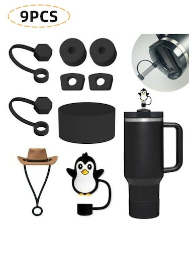 Stanley Cup Accessories Set Black 6 Pcs Silicone Spill Proof Stopper 2 Pcs Straw Cover Cap 1 Pcs Silicone Boot For 9-10 mm Straws Stanley 40oz and 30oz Tumbler Black