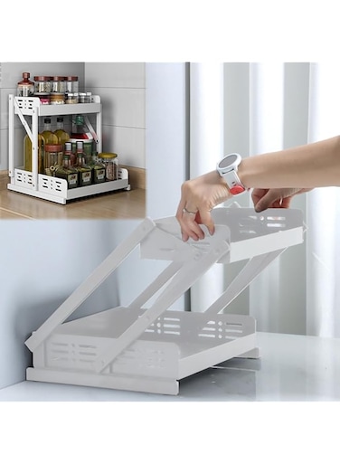 FALAHOM 2 Layer Pull Out Spice Rack Organizer, Standing Shelf Jars Storage Holder, Foldable Seasoning Shelf Organizer for Kitchen Storage,Cabinet Countertop and Under Sink (White, 2 Tiers)