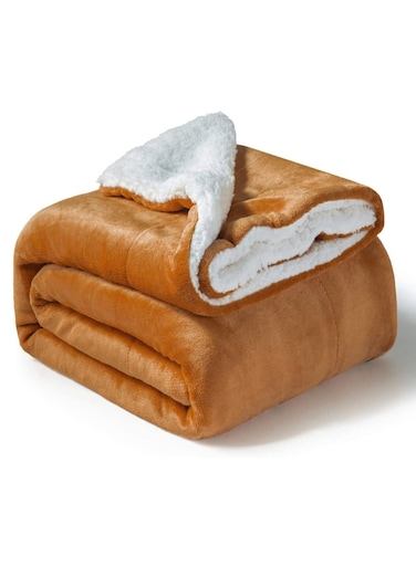 Silky Soft Sheep Blanket Single Size Ultra Plush Reversible Bed Blanket Sherpa Golden Beige 160x220 cm