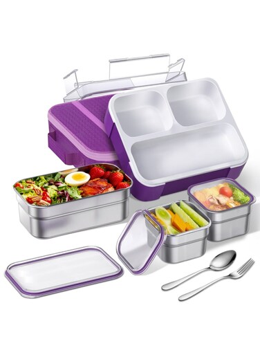 304 Stainless Steel Lunch Box: 720ML 3-Compartment Thermal Bento Box-Microwave-Safe Bento Containers - 304 Stainless Steel Insulated Leak-proof Item for Primary School Students or Children - with Thermal Bag &amp; Cutlery (Purple)