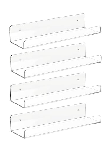 4 PCS Clear Acrylic Floating Wall Ledge Shelf &acirc;&euro;&ldquo; 15 Inch Wall Mounted Nursery Kids Bookshelf, Invisible Hanging Shelves for Wall Storage, Toy Picture Ledge Display Shelf, Bathroom Storage Shelves