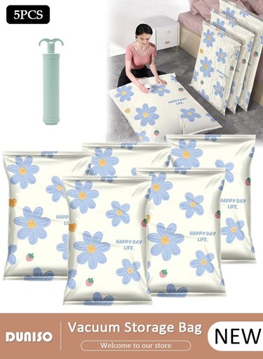 Vacuum Storage Bag 5 Pcs Large Deluxe Zipper, Reusable Compression Bags Space Saver with Hand Pump, Vacuum Bag Use for Duvets, Pillows, Blankets, Curtains, Travel, Clothes
