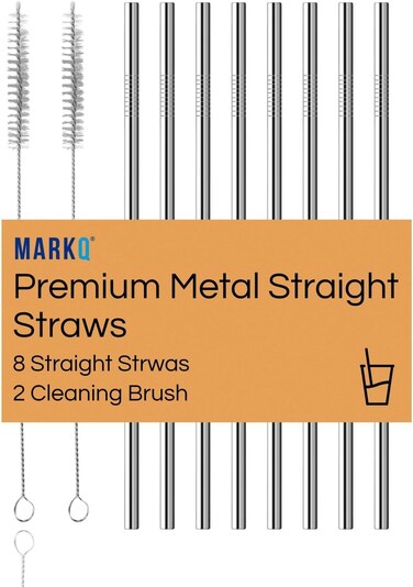 Stainless Steel Drinking Straws Set &acirc;&euro;&ldquo; 8 Straight Reusable Straws with 2 Cleaning Brushes, Fits All Size Tumblers, Metal Straws for Water, Smoothies, Tea, Coffee, Juices