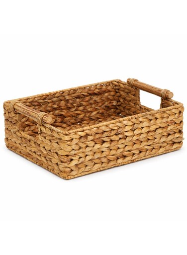 Hand-Woven Water Hyacinth Storage Basket with Rattan Handles &acirc;&euro;&ldquo; L 32 x B 22 x H 12 cm Large, Woven Organizer Bin for Living Room, Bedroom, Bathroom, Closet &amp; Home Storage