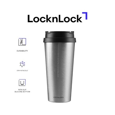 LocknLock 540ml Clip Tumbler &ndash; Silver, Stainless Steel Travel Mug with Double-Vacuum Insulation, Non-Slip Pad &amp; Convenient Cap