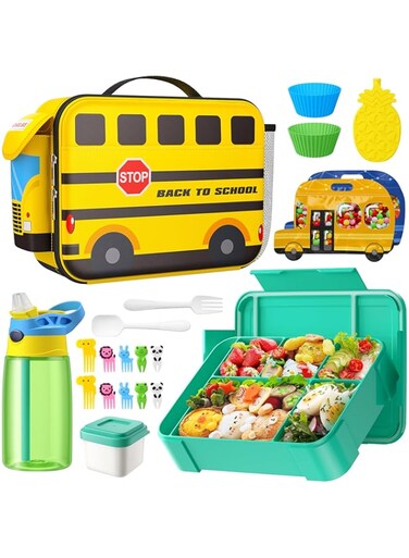 Kids Bento Lunch Box Set with 1330ML Bento Box, Insulated Bag,17oz Water Bottle,Ice Pack,Utensils Set,Birthday Gift for Age 3-15 Back to School Toddler Girl Boy, Leakproof, BPA-Free(Yellow School Bus)