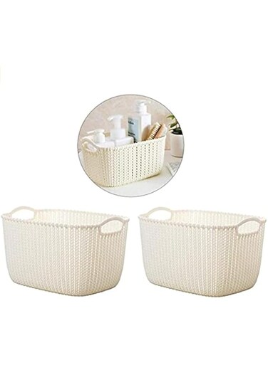 JANNAH 2pcs Knitted Plastic Basket Rattan Basket Organiser Box Multipurpose Storage (Small/White)