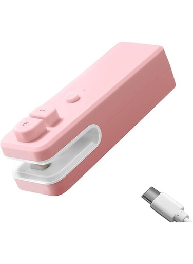 Excefore Chip Bag Sealer, Handheld Heat Vacuum Sealer and Cutter, Portable Chip Bag Resealer Machine for Snack Plastic Fresh Bags Cookies White (pink)