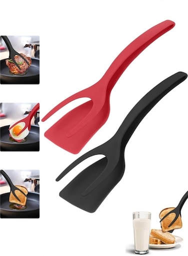 in 1 Grip and Flip Spatula Tongs, 2 Pack Egg Flipper Tong Double Sided Pancake Fish Turner, Versatile Kitchen Spatula for Kitchen Cooking Baking, Black Red
