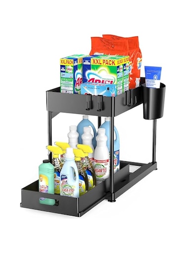 HOMIBIZ Under Sink Organizer, 2 Tier Bathroom Cabinet Organizer with Sliding Basket, Multi-Purpose Under Sink Organizers and Storage for Bathroom Kitchen (Black, Pack of 1)
