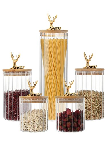 Glass Jars with Deer Bamboo Lids, Home decoration, Tea Can, Milk powder, Sugar, Dry fruits, Candy, Rice, Cookie, Pasta, Cereal Beans, Food Jar with Sealing Lid Pack of 5,