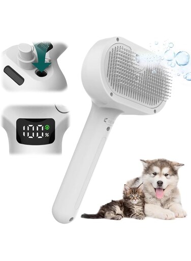Cxqbsmy Pet Steam Brush, Silicone Massage Steamy Grooming Brush with Hair Release Button, Anti-Static Rechargeable Pet Hair Cleaning Brush Comb for Pets with LED Digital Display(White)