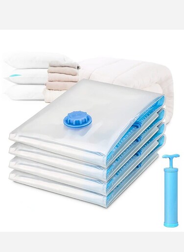 Home Care Vacuum Compression Six Zipper Storage Bags with Hand Pump, Travel and Home Packing Organizers Transparent