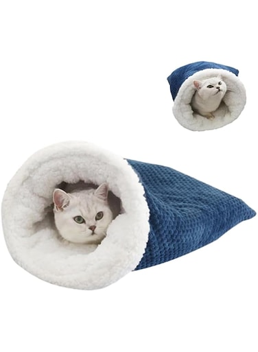 Azonee Cat Winter Sleeping Bag - Soft Plush Cat Bed Cave, Large Pet Sleeping Sack 360 Wrap for Comfort, Warm Cat Snuggle Sack for Cats up to 6kg - Cozy Bed for Small Pets (Dark Bule)