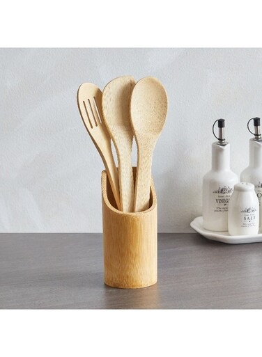 Box Bamboo Kitchen Tool 4-Piece Set with Holder 7.3x16.5x7.3 cm
