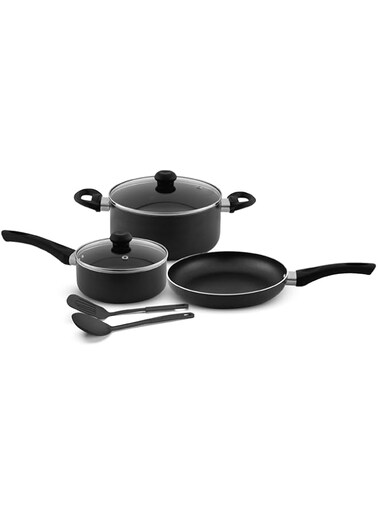 DELICI 7 piece Nonstick Cookware Set - 10X Tougher Coating, Compatible with Hot Plate, Ceramic &amp; Gas Surfaces - 24cm Casserole with Lid, 18cm Saucepan with Lid, 24cm Frypan and 2 Nylon Spatulas