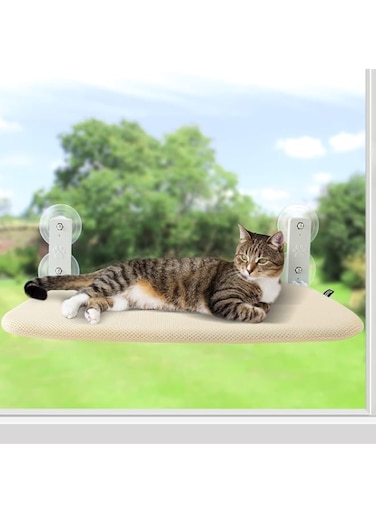 NAWOKEENY Foldable Cat Window Bed, Soft Cat Window Perch with Strong Suction Cups, 52x30cm Cat Windowsill Seat with Replaceable Soft Cushion, Sturdy Holds Up to 20kg (Beige &amp; Mesh Cloth)