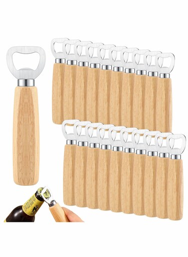 Stainless Steel Bottle Opener Set with Wooden Handle - Engraved Bartender Gift for Weddings, Parties, Home, Kitchen, Bar, and Restaurant Use. Perfect for Beer, Cider, and Wine.