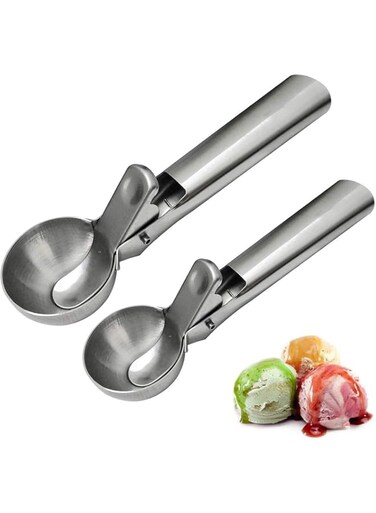SHOWAY Solid Stainless Steel Ice Cream Scoop, 2 Packs of Stainless steel Ice Cream Spoon with Easy Trigger, Dipper for Fruits, Water Melon Scoop, LC-IC-004