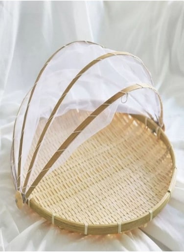 Bamboo Basket Hand Woven Tray Anti Bug Food Fruit Container Beige/White