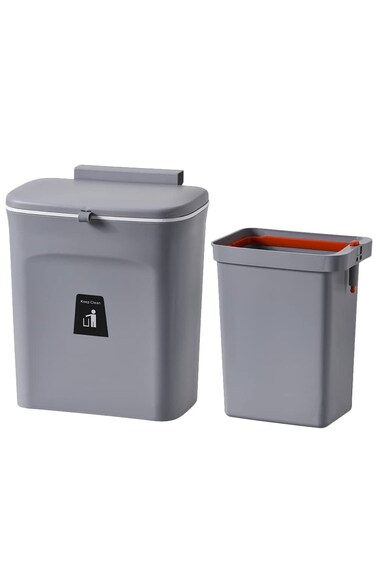 Kitchen Hanging Trash Can 9L Hanging Trash Can with Lid &acirc;&euro;&ldquo; Slim Grey Kitchen Garbage Bin, Wall Mounted or Cabinet Door Wastebasket for Home &amp; Bathroom Grey