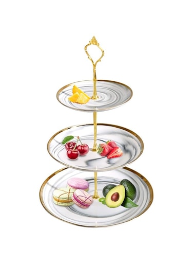 Cupcake Stand Tower Dessert Display Plate 3-Tier White Round Marble Ceramic Serving Tray Dish Treat Stacked Pastry Fruit Serving Platter Carrier for Gift Tea Party Restaurant
