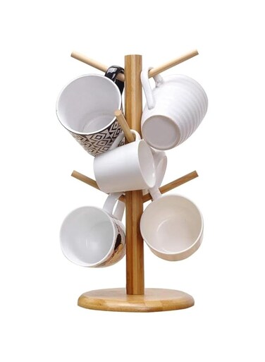 TMOHRA Bamboo Mug Holder Tree, Thicker Base Coffee Cup Holder Stand for Counter, Mug Rack with 6 Hooks