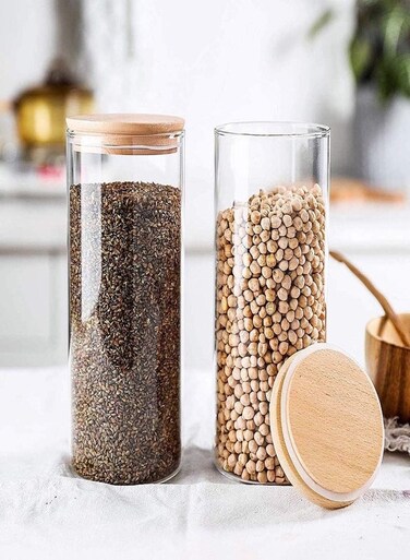 Glass Food Storage Jars, Air Tight Kitchen Food Storage Container Set With Natural Bamboo Lids For Candy Cookie Rice Sugar Flour Pasta Nuts,1200 Ml 2Pcs Set
